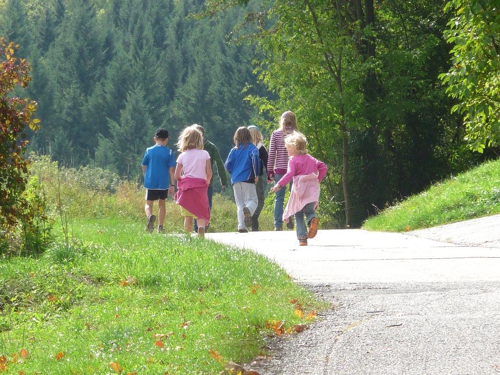 Family with backpacks walking on a forest trail