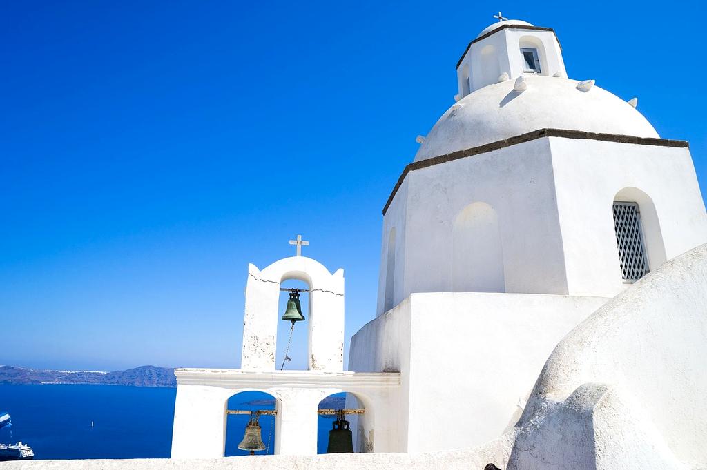 View of Santorini caldera with white buildings